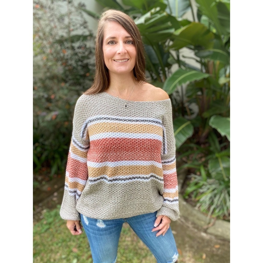 Lightweight Striped Off Shoulder Knit Sweater 4720